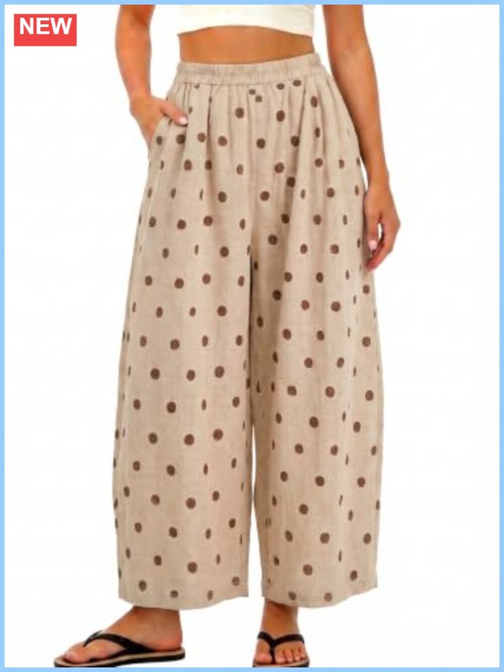 Polka Dot Linen Wide Leg High Waisted Palazzo Trousers with Pockets